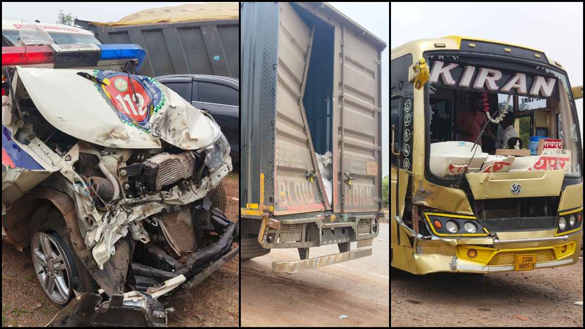 Raipur Accident: रायपुर-आरंग राष्ट्रीय राजमार्ग-53 पर मंदिर हसौद थाना के सामने शुक्रवार को तीन वाहनों के बीच भीषण सड़क हादसा हो गया। तेज रफ्तार कंटेनर, पुलिस की डायल-112 वाहन और किरण ट्रेवल्स की यात्री बस आपस में टकरा गईं। दुर्घटना में तीनों वाहन क्षतिग्रस्त हो गए। हालांकि समय रहते सभी यात्रियों और पुलिसकर्मियों को सुरक्षित बाहर निकाल लिया गया, जिससे बड़ा हादसा टल गया।