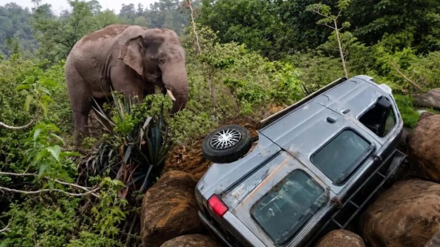 CG Elephant Attack: छत्तीसगढ़ के सूरजपुर जिले के तमोर पिंगला अभयारण्य क्षेत्र में कबरा काना हाथी के लगातार विचरण से ग्रामीणों में दहशत का माहौल है। गुरुवार सुबह ग्राम भेलकच में हाथी ने सड़क पर खड़े एक इको वाहन पर हमला कर उसे बुरी तरह क्षतिग्रस्त कर दिया। बताया जा रहा है कि वाहन भेलकच निवासी त्रिलोचन सिंह का है।