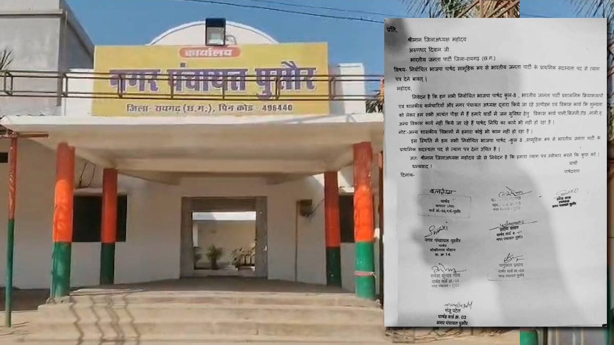 CG Politics: रायगढ़ जिले के पुसौर नगर पंचायत में भाजपा के 8 पार्षदों के सामूहिक इस्तीफे की खबर सामने आई है। बताया जा रहा है कि पार्षदों ने भाजपा जिलाध्यक्ष अरूणधर दिवान के नाम इस्तीफे का आवेदन दिया है। हालांकि भाजपा जिलाध्यक्ष ने अब तक आवेदन मिलने से इनकार किया है।