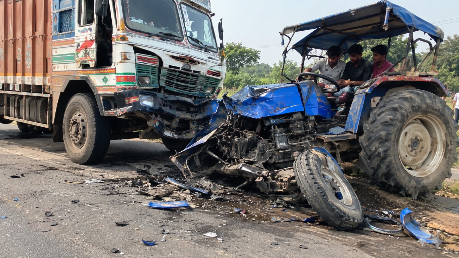 CG Tractor Accident: छत्तीसगढ़ के महासमुंद जिले में नेशनल हाईवे-53 पर मंगलवार सुबह दर्दनाक सड़क हादसा हो गया। कांपा गांव के पास तेज रफ्तार ट्रक ने ट्रैक्टर को पीछे से जोरदार टक्कर मार दी। टक्कर इतनी भीषण थी कि ट्रैक्टर के परखच्चे उड़ गए। हादसे में तीन युवकों की मौत हो गई, जबकि एक युवक गंभीर रूप से घायल है।